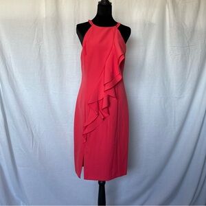 Vince Camuto Women’s Dress Size 10 Coral Red Sleeveless Ruffle Side Slit